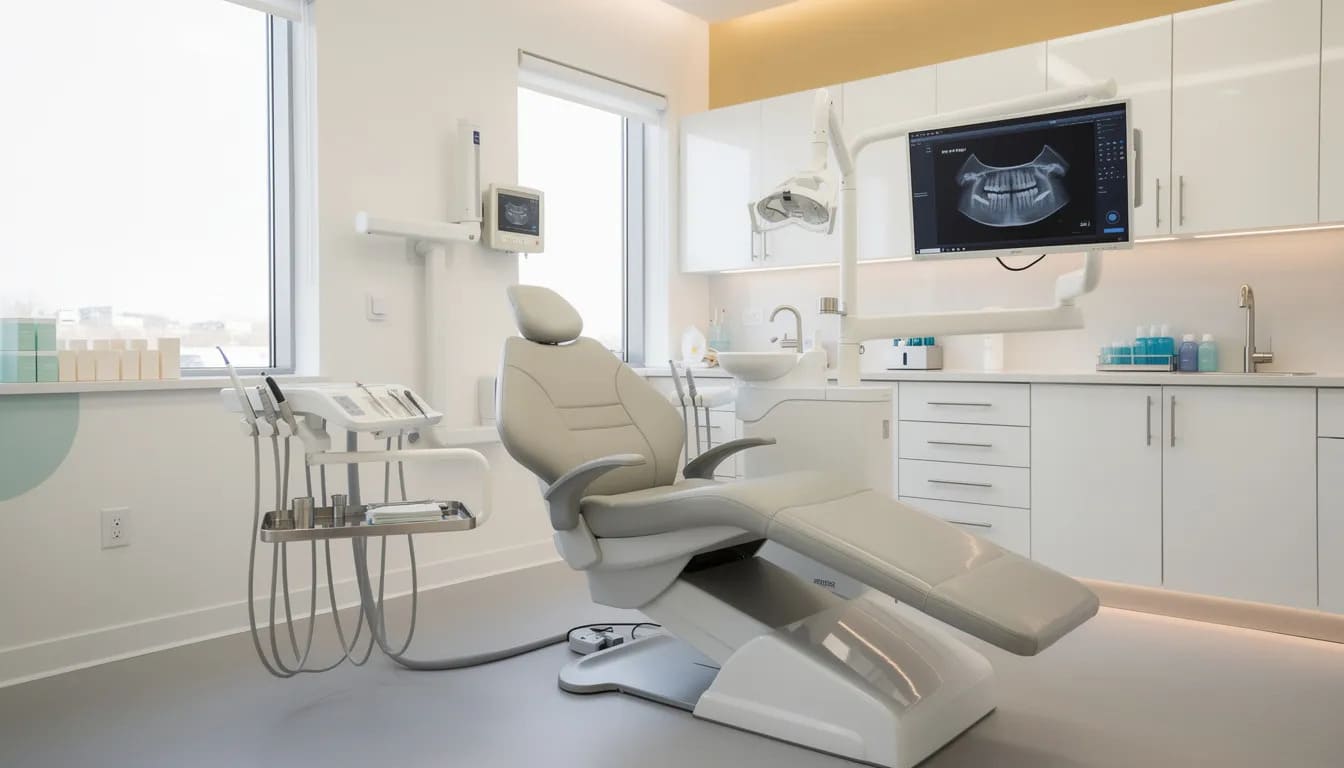 The image depicts a modern dental office featuring a comfortable patient chair and advanced imaging equipment, designed to facilitate procedures such as wisdom tooth extraction.