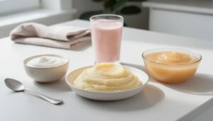 The image features a variety of soft recovery foods ideal for post-wisdom teeth removal, including yogurt, a smoothie, mashed potatoes, and applesauce, all neatly arranged on a kitchen counter.